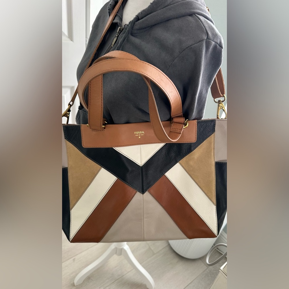 Fossil Amanda Colorblock Leather Shopper Tote Large Shoulder Bag EUC - Picture 11 of 16